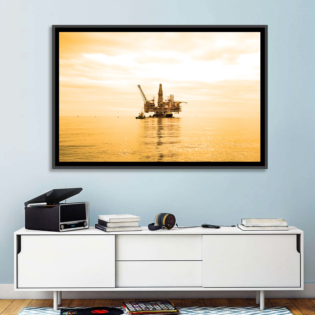 Golden Hour Oil Rig Wall Art in a room, landscape