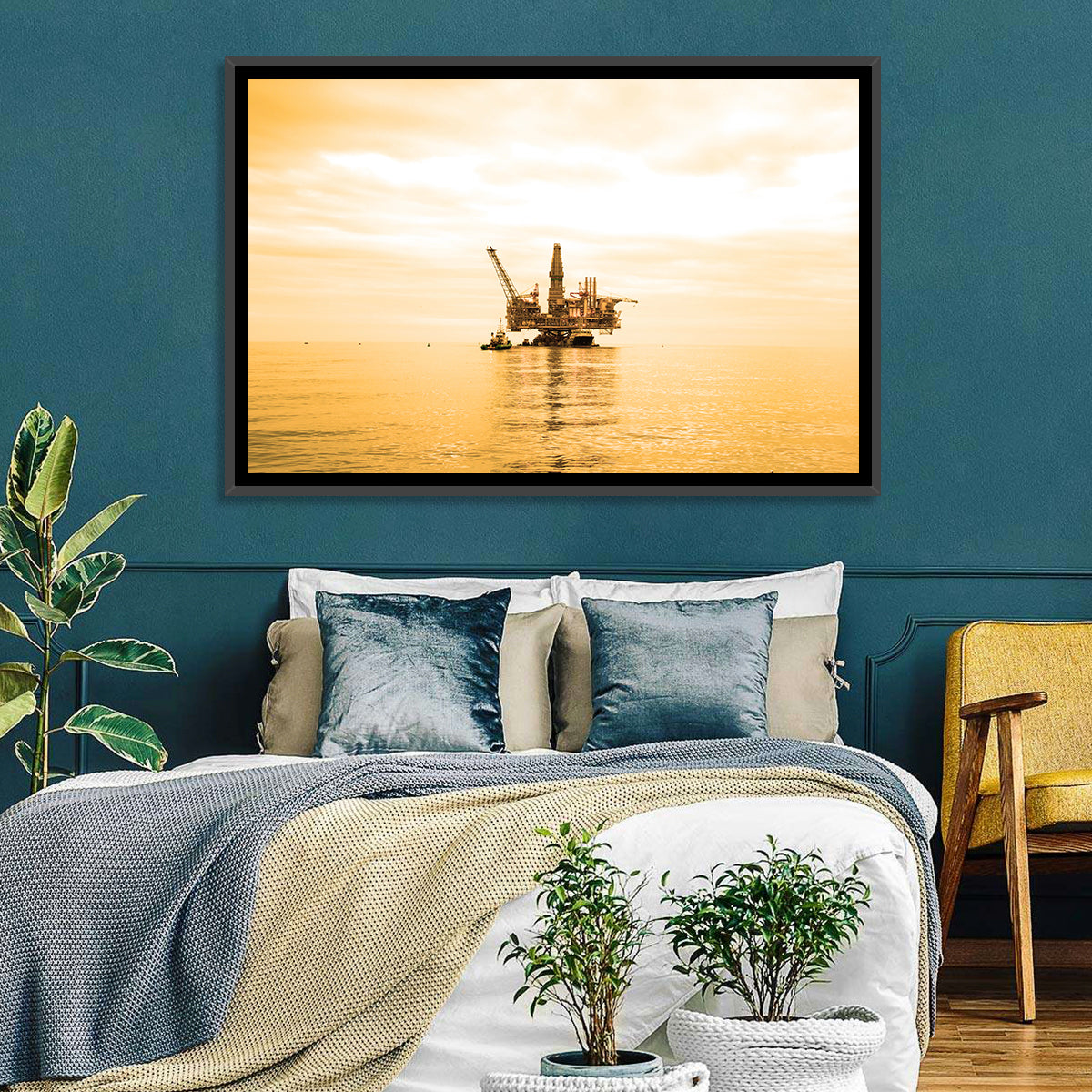 Golden Hour Oil Rig Wall Art in a room, landscape