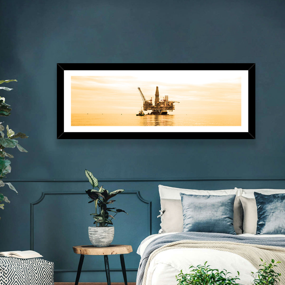 Golden Hour Oil Rig Wall Art in a room, landscape