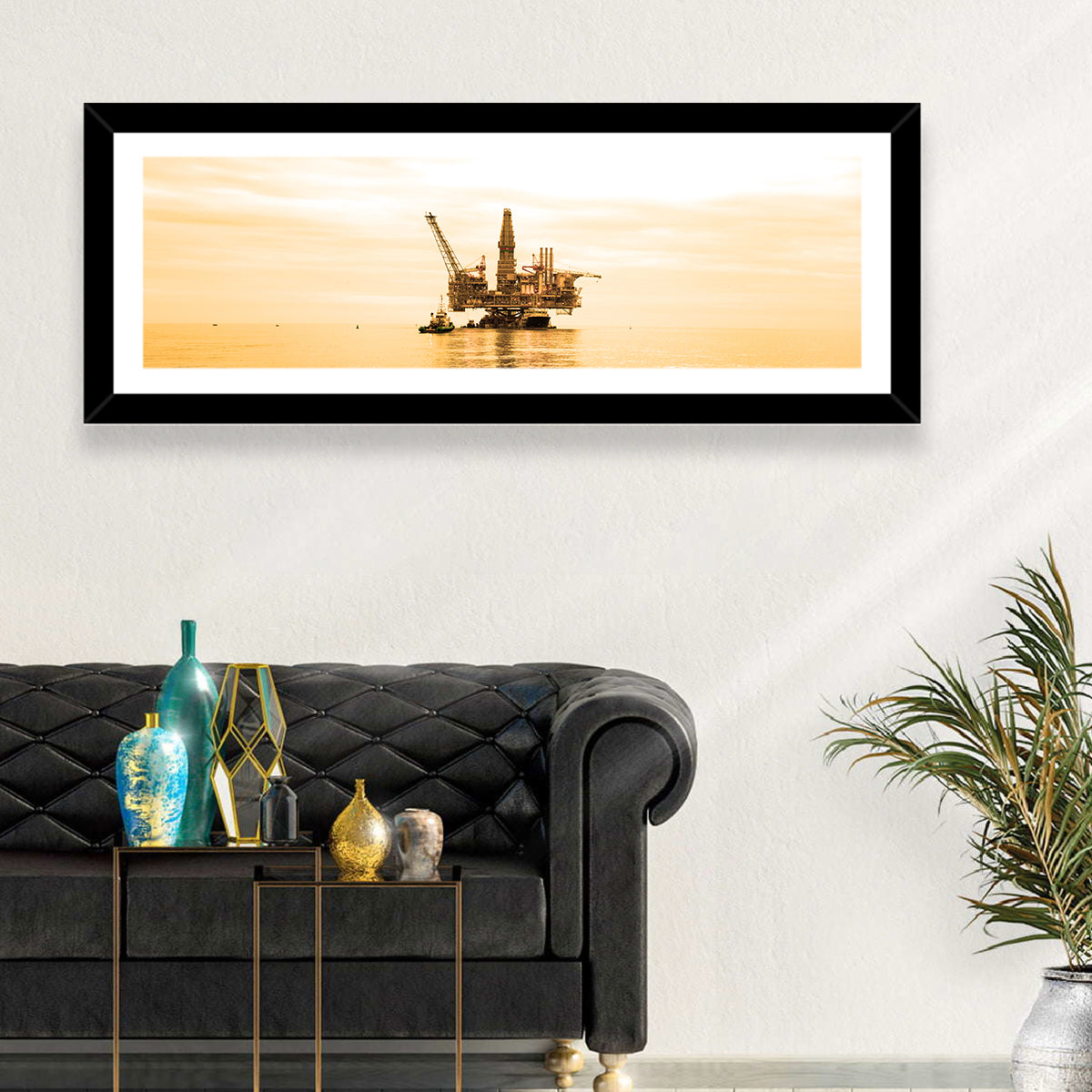 Golden Hour Oil Rig Wall Art in a room, landscape