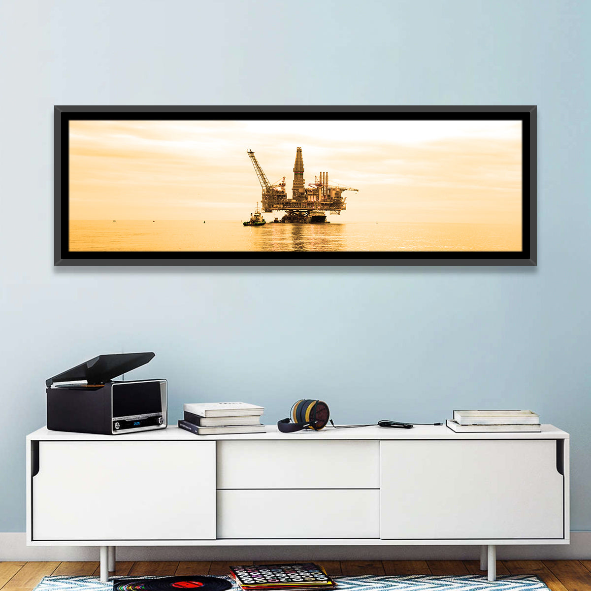 Golden Hour Oil Rig Wall Art in a room, landscape