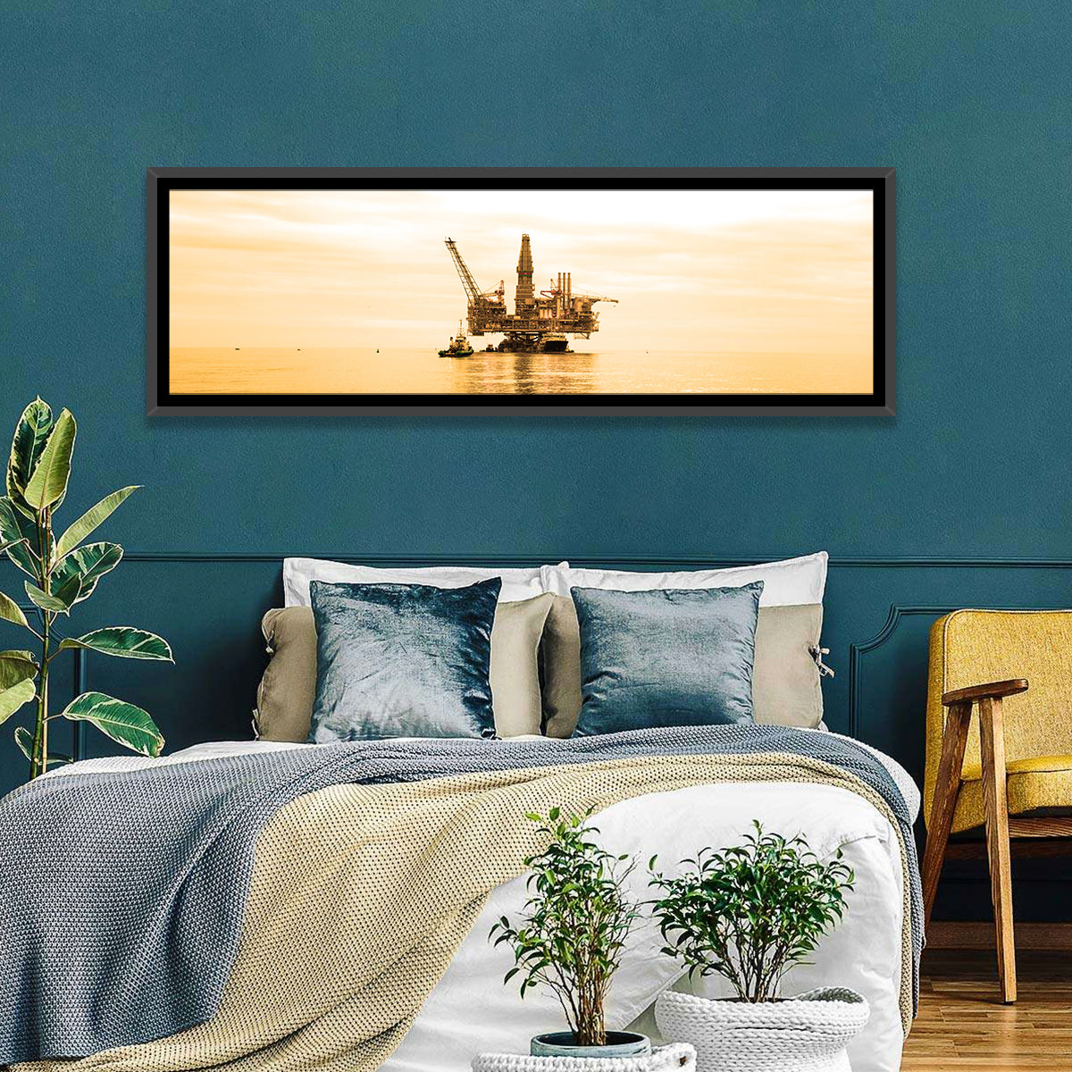 Golden Hour Oil Rig Wall Art in a room, landscape