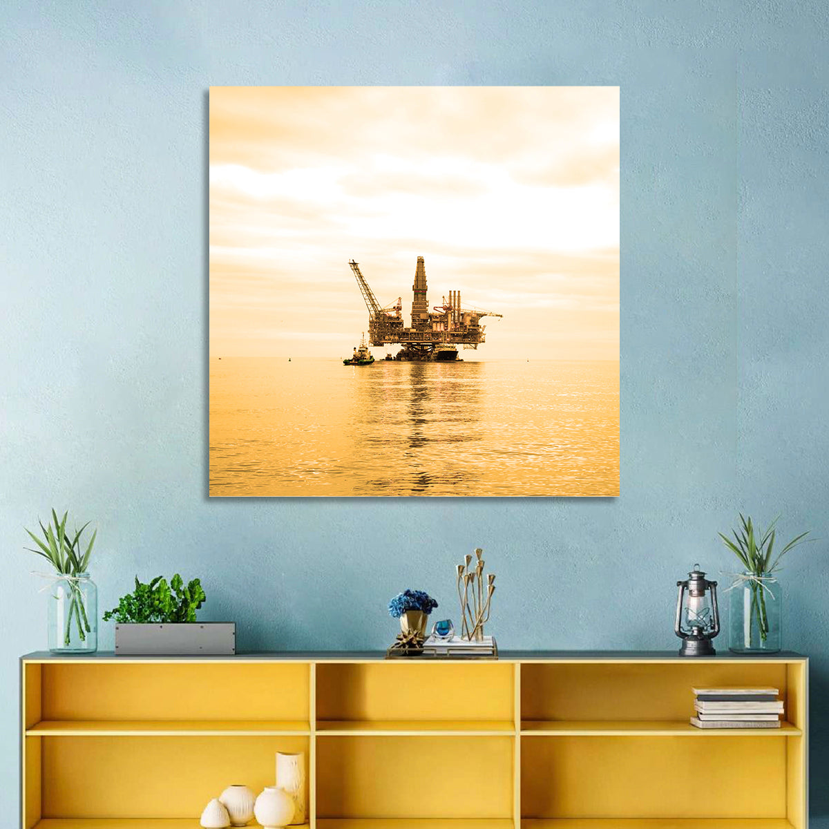 Golden Hour Oil Rig Wall Art in a room, landscape