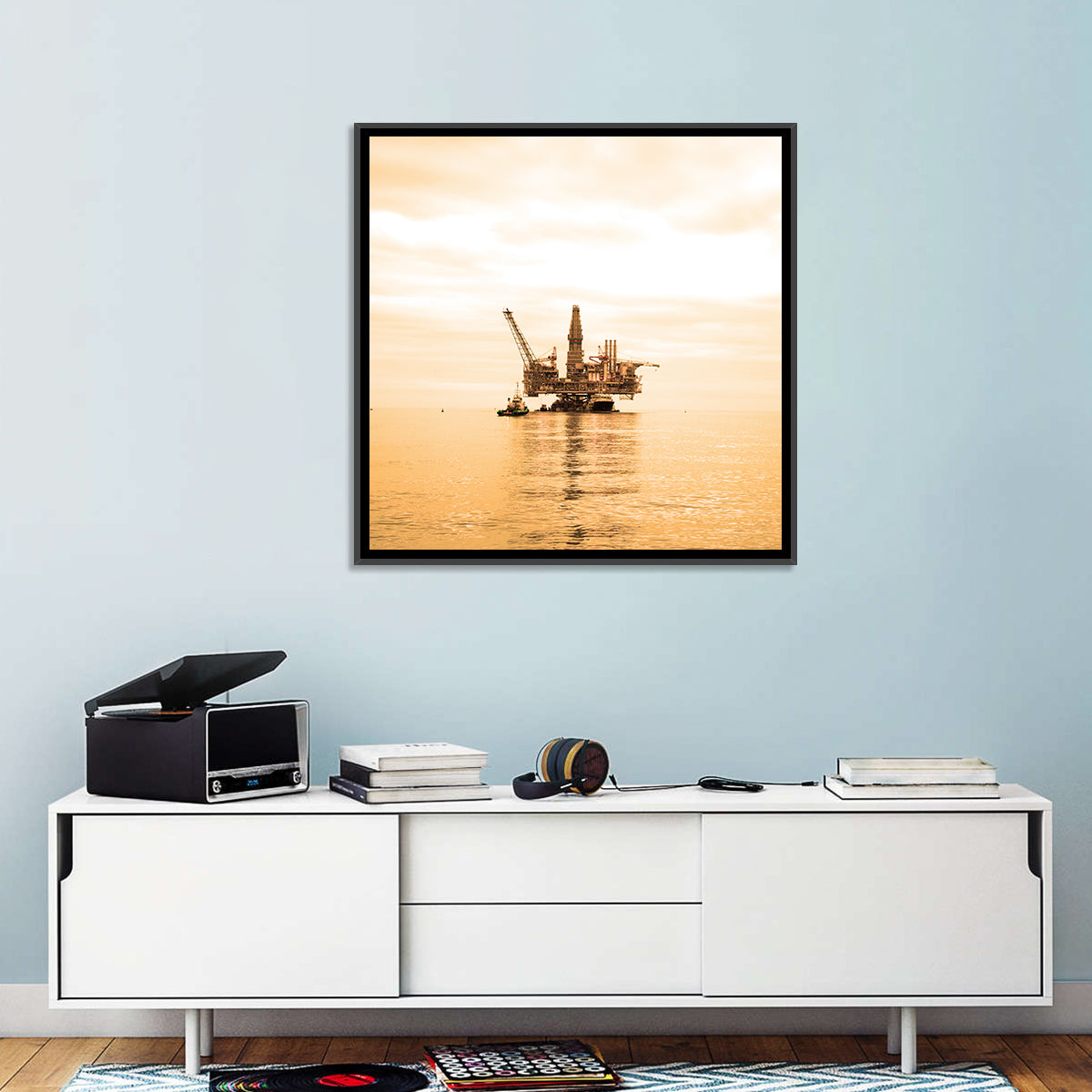 Golden Hour Oil Rig Wall Art in a room, landscape