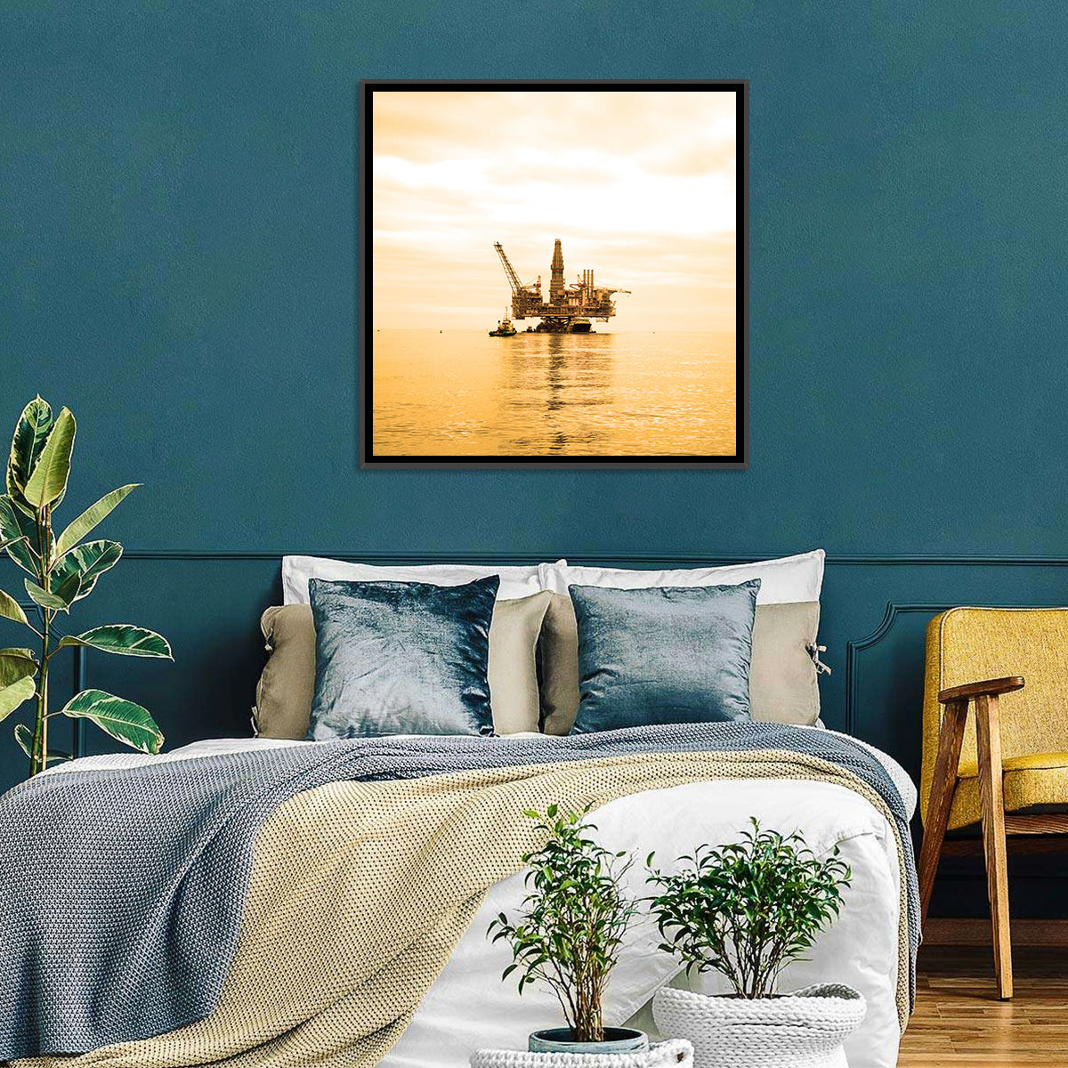 Golden Hour Oil Rig Wall Art in a room, landscape