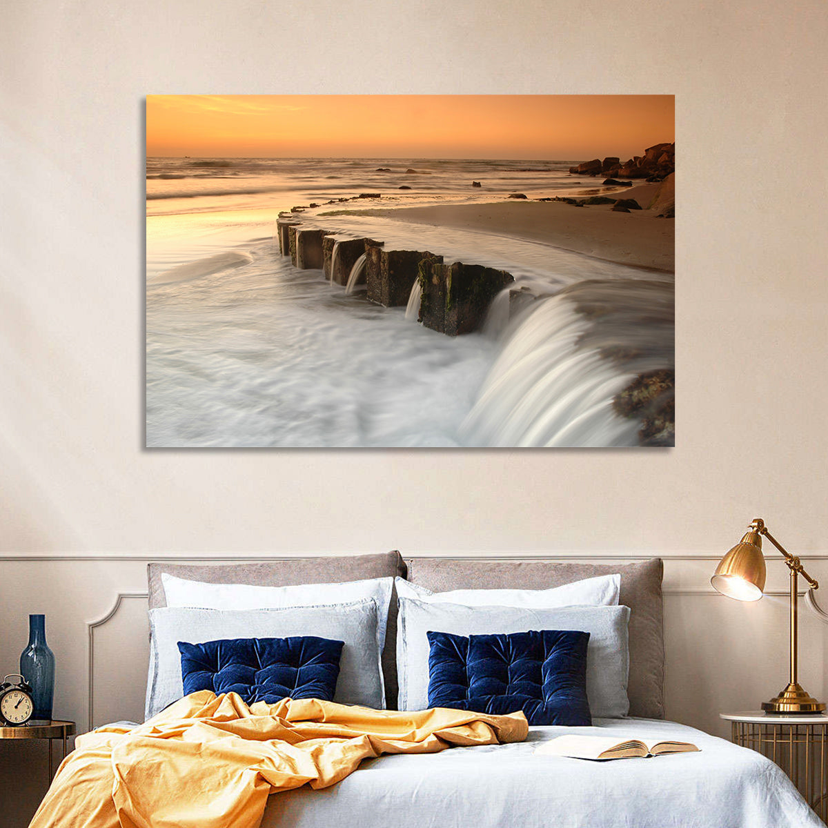 Breakwater at Golden Hour Wall Art in a room, landscape