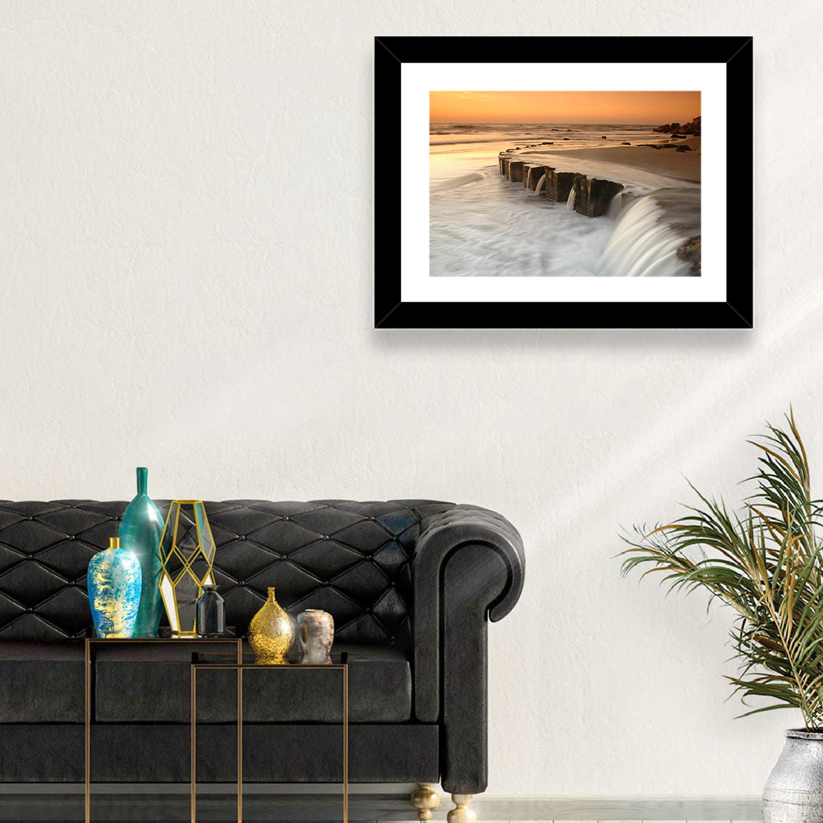 Breakwater at Golden Hour Wall Art in a room, landscape