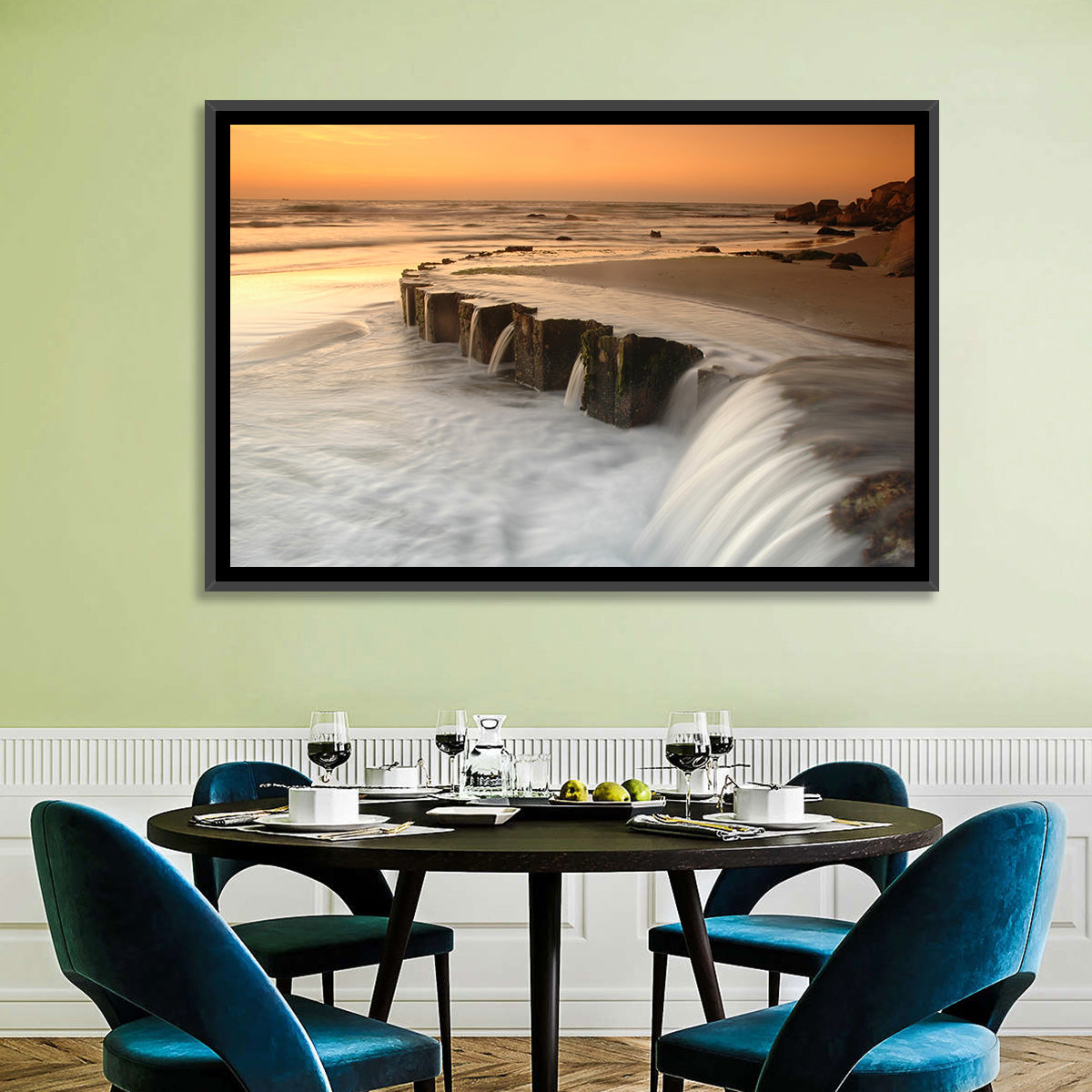 Breakwater at Golden Hour Wall Art in a room, landscape