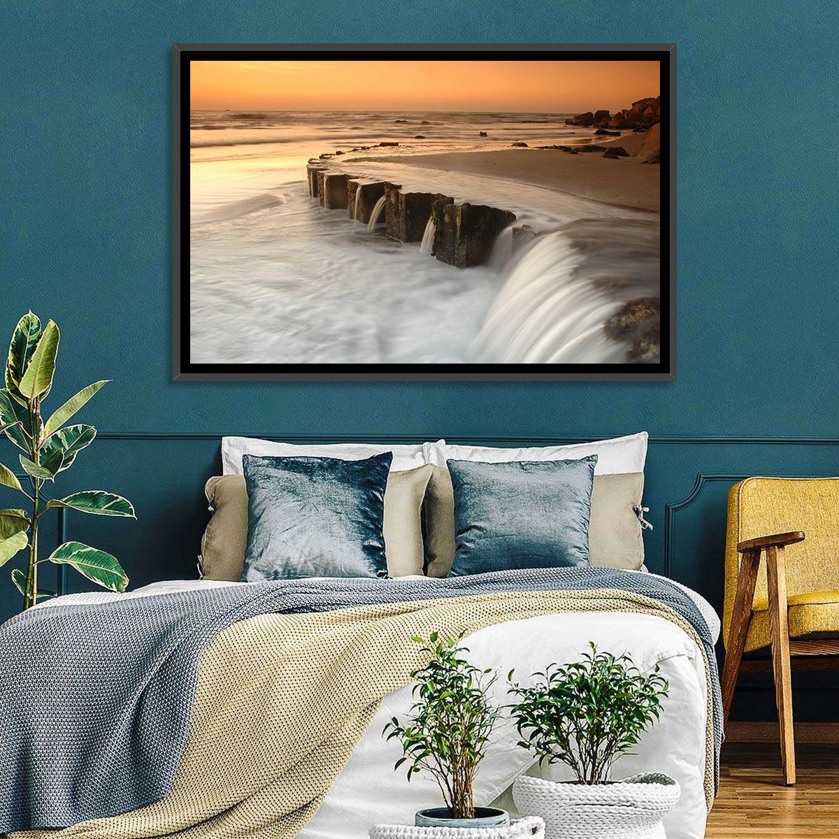 Breakwater at Golden Hour Wall Art in a room, landscape