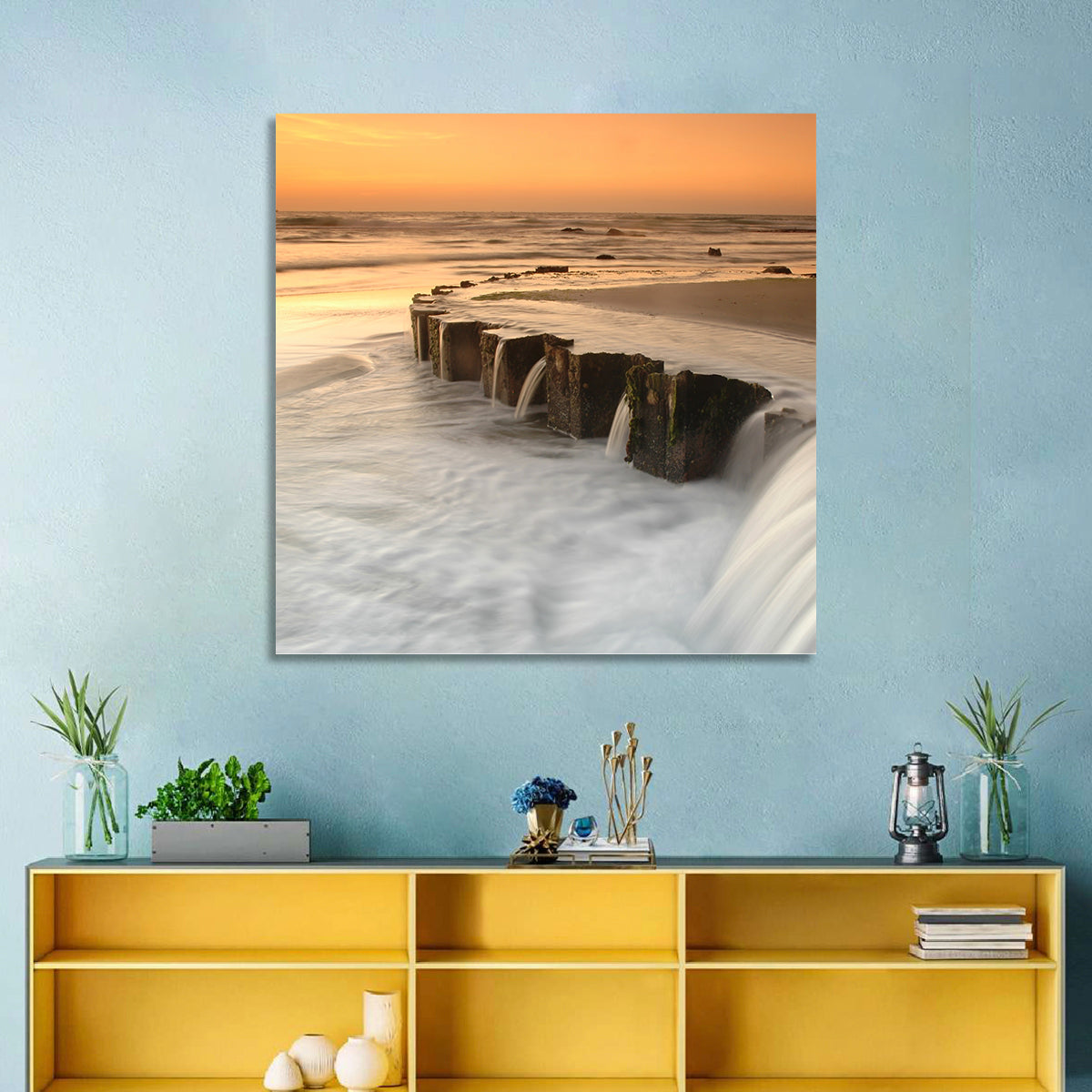 Breakwater at Golden Hour Wall Art in a room, landscape