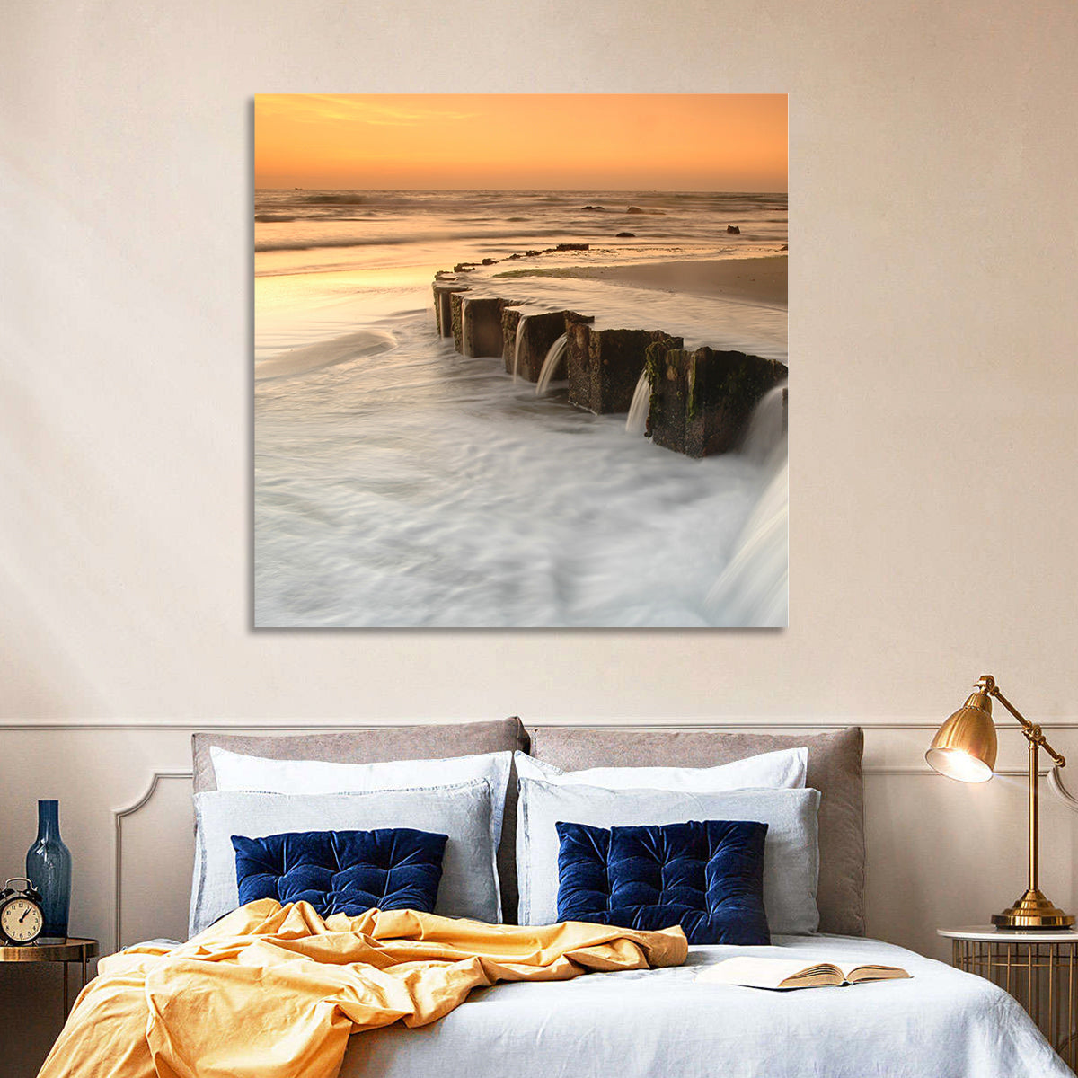 Breakwater at Golden Hour Wall Art in a room, landscape