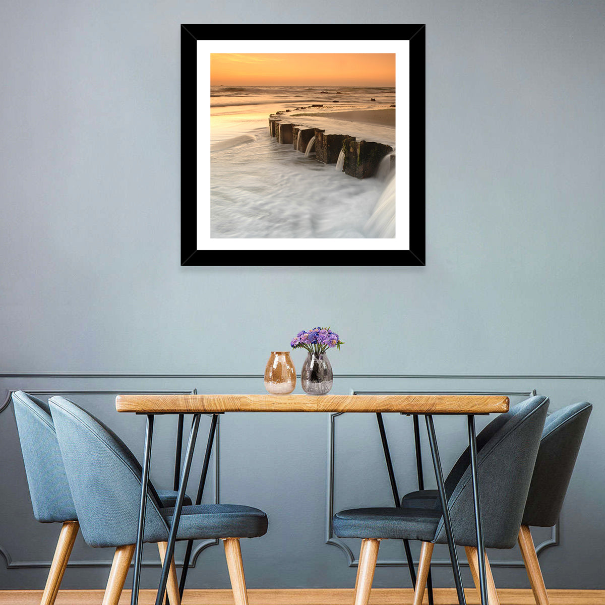 Breakwater at Golden Hour Wall Art in a room, landscape
