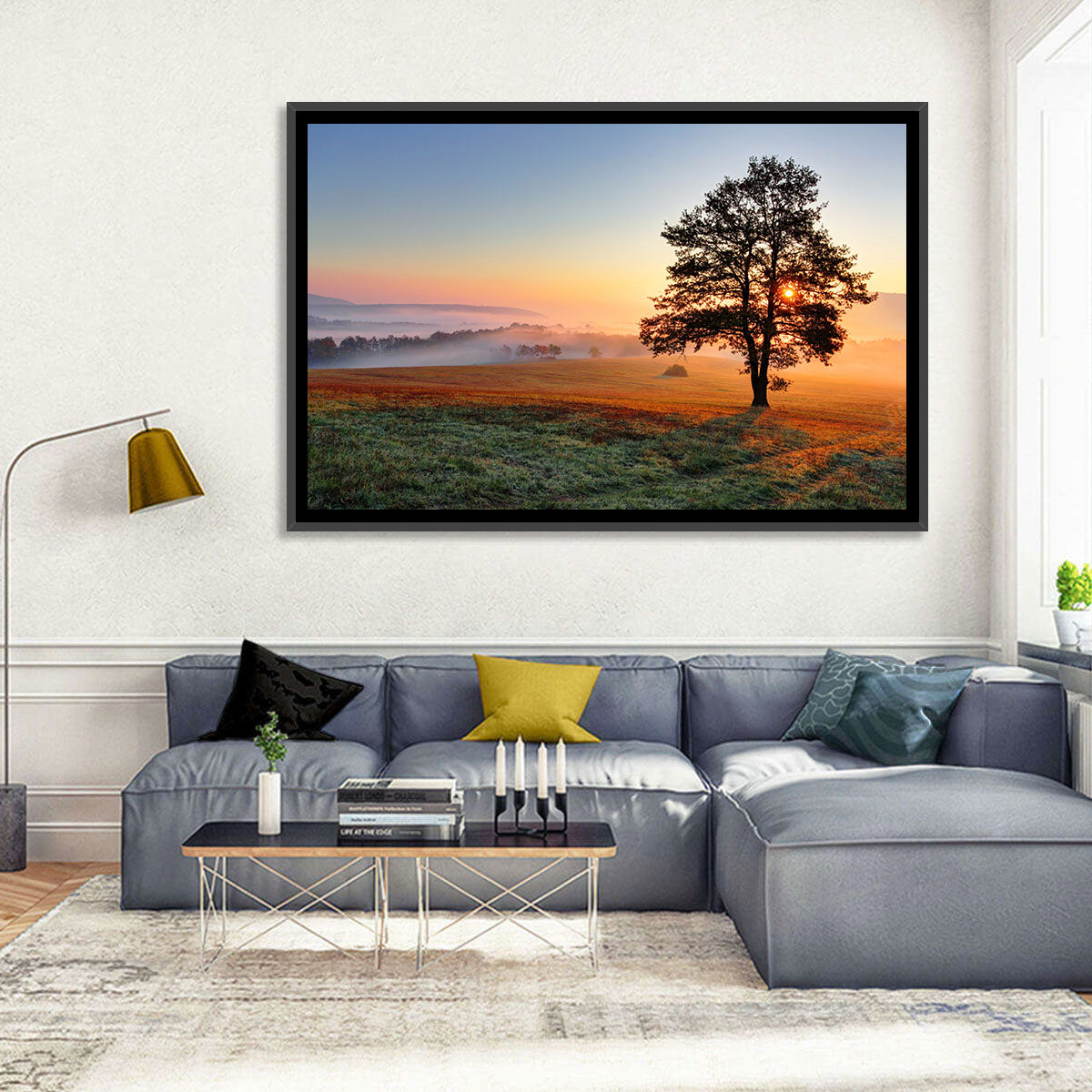 Misty Meadow Sunrise with Lone Tree Wall Art