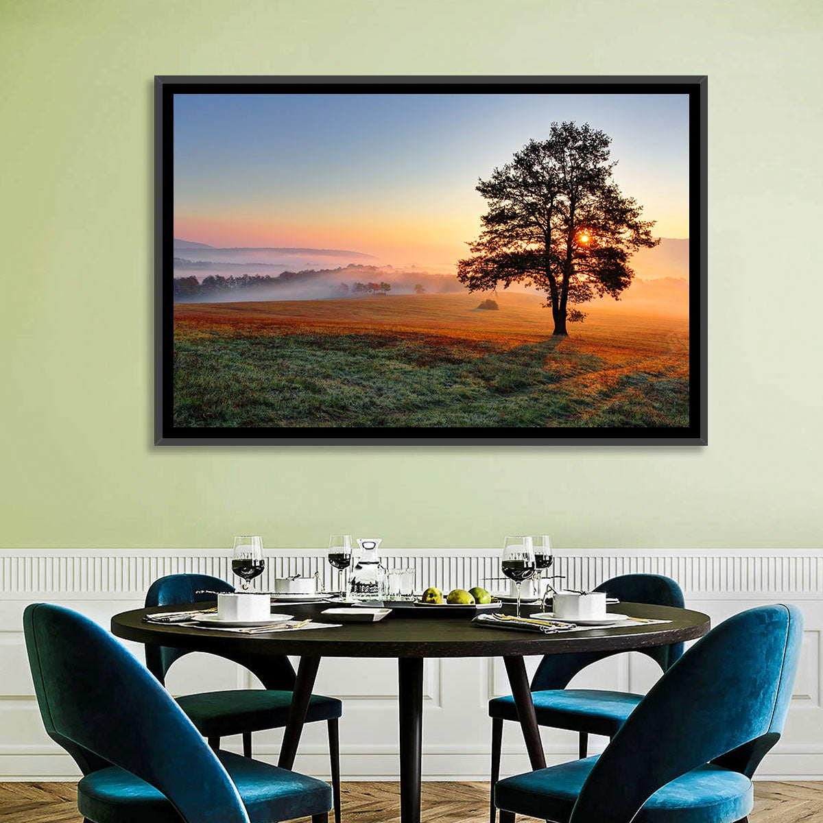 Misty Meadow Sunrise with Lone Tree Wall Art