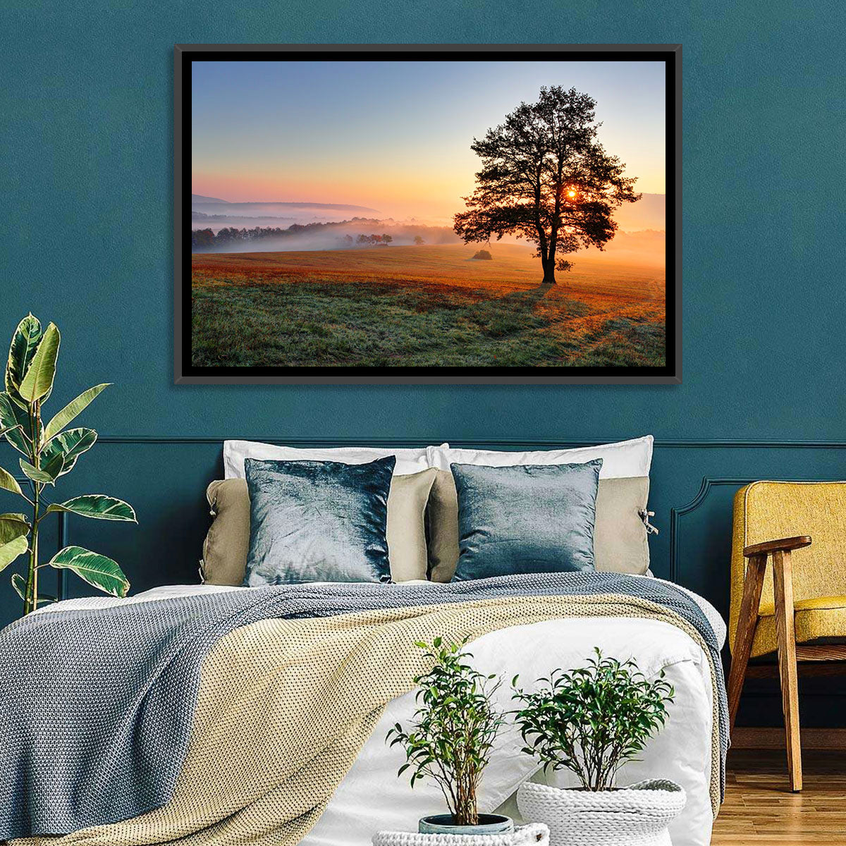 Misty Meadow Sunrise with Lone Tree Wall Art