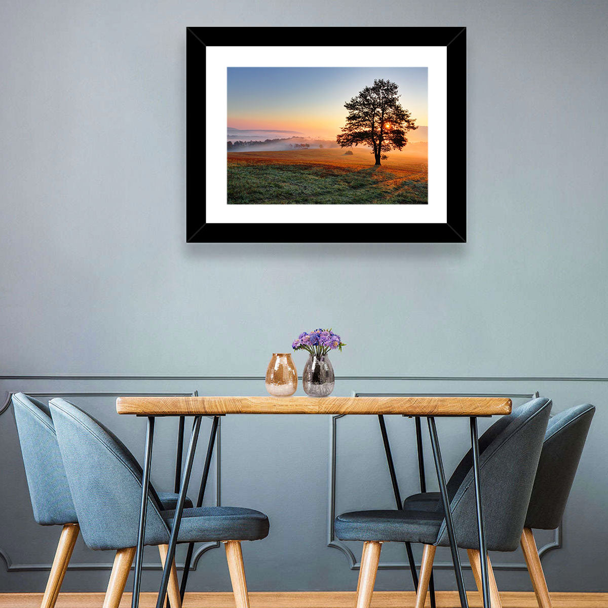 Misty Meadow Sunrise with Lone Tree Wall Art