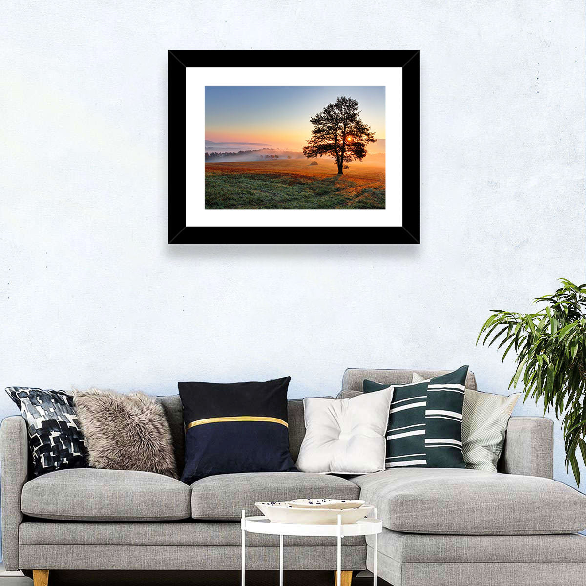Misty Meadow Sunrise with Lone Tree Wall Art