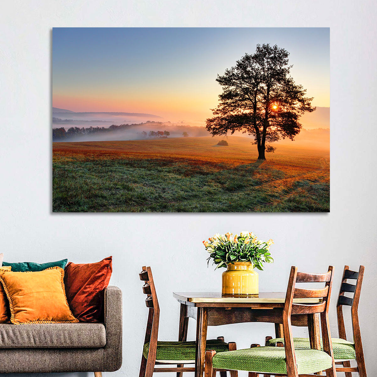 Misty Meadow Sunrise with Lone Tree Wall Art