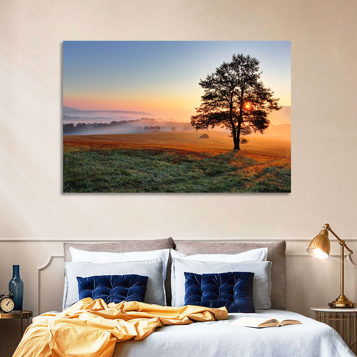 Misty Meadow Sunrise with Lone Tree Wall Art