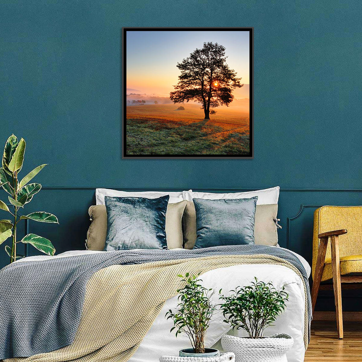 Misty Meadow Sunrise with Lone Tree Wall Art