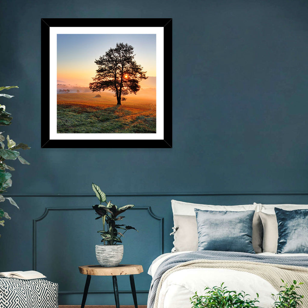 Misty Meadow Sunrise with Lone Tree Wall Art