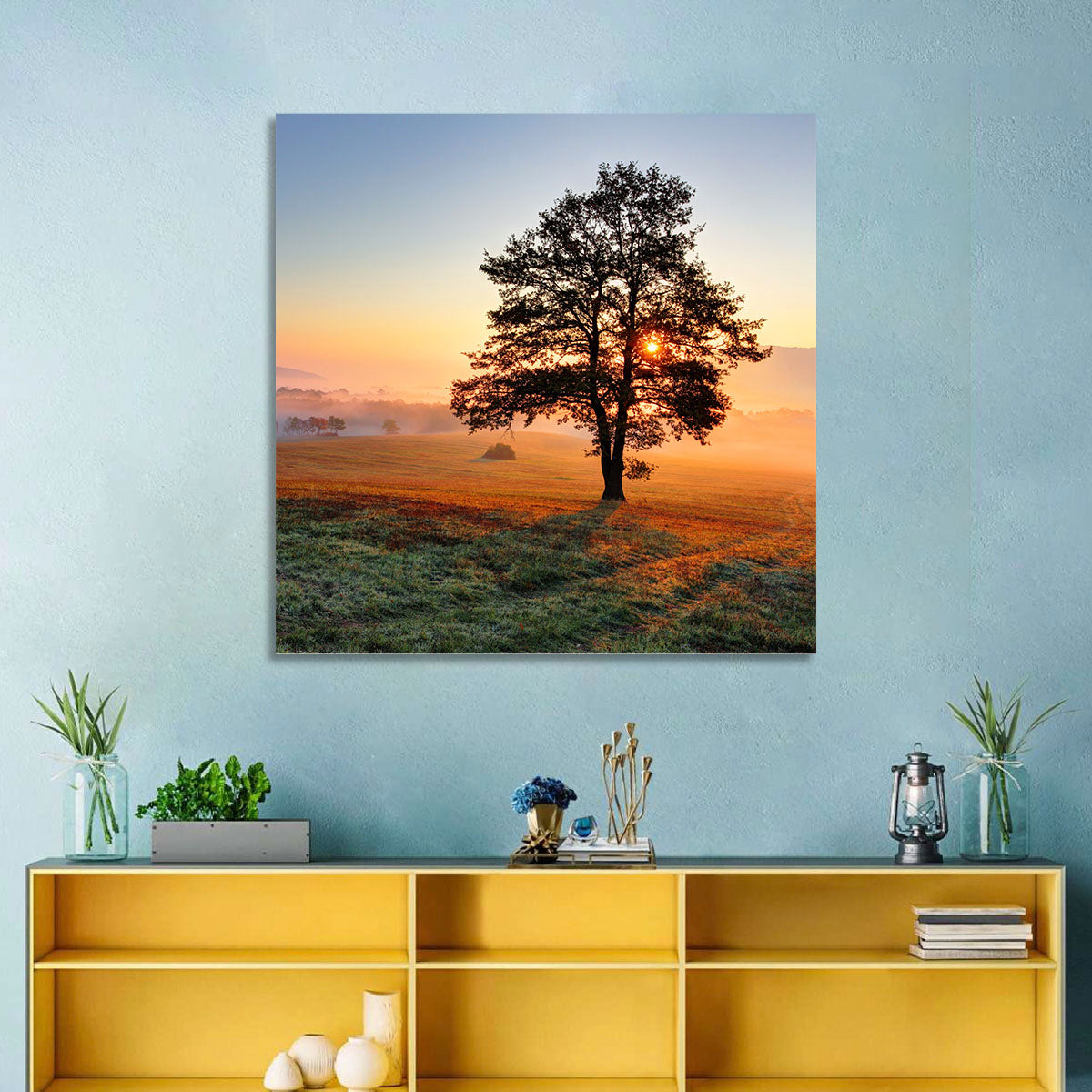 Misty Meadow Sunrise with Lone Tree Wall Art in a room, landscape
