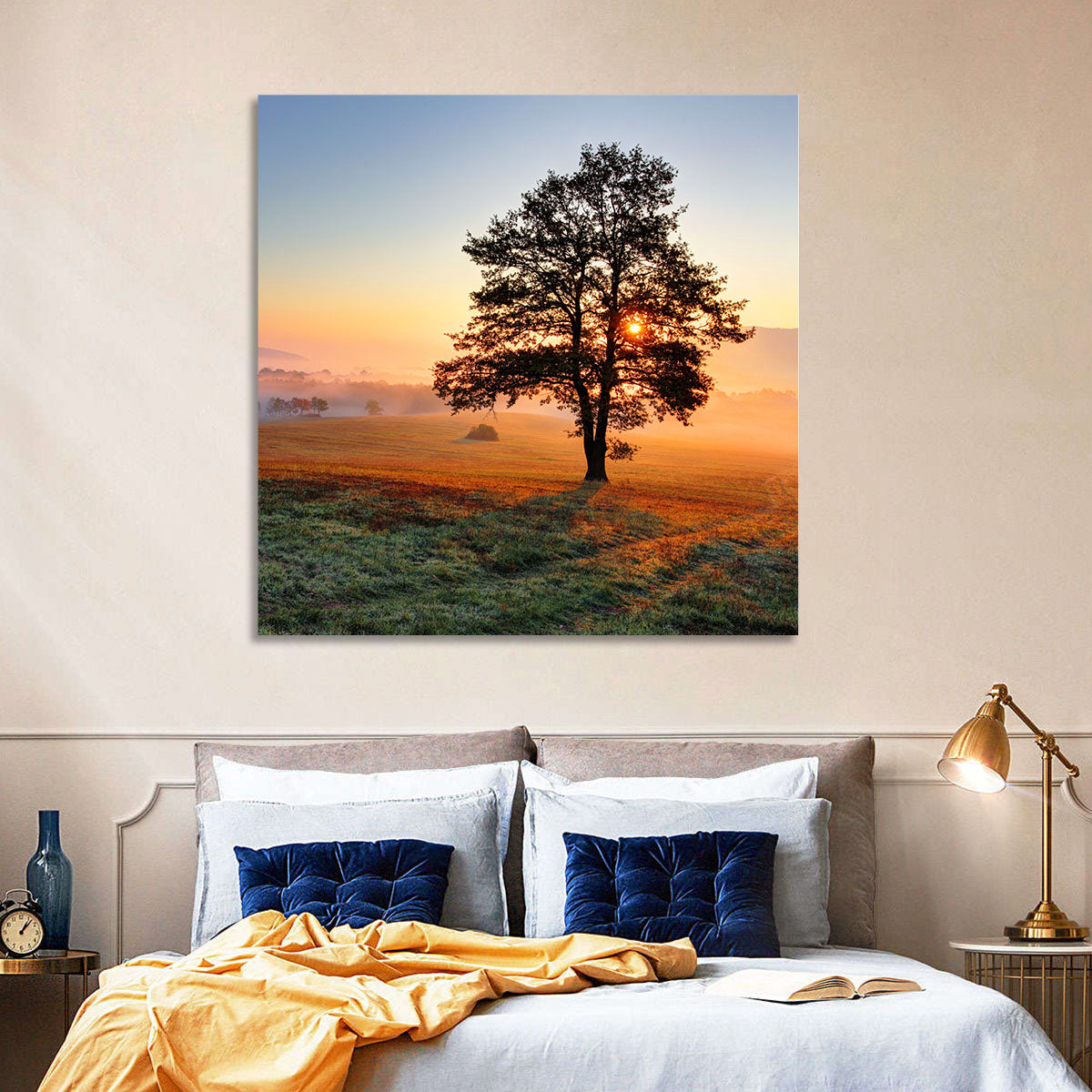Misty Meadow Sunrise with Lone Tree Wall Art in a room, landscape