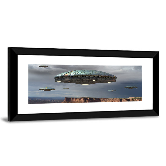 Ufos Over Stormy Canyon Wall Art as a framed print