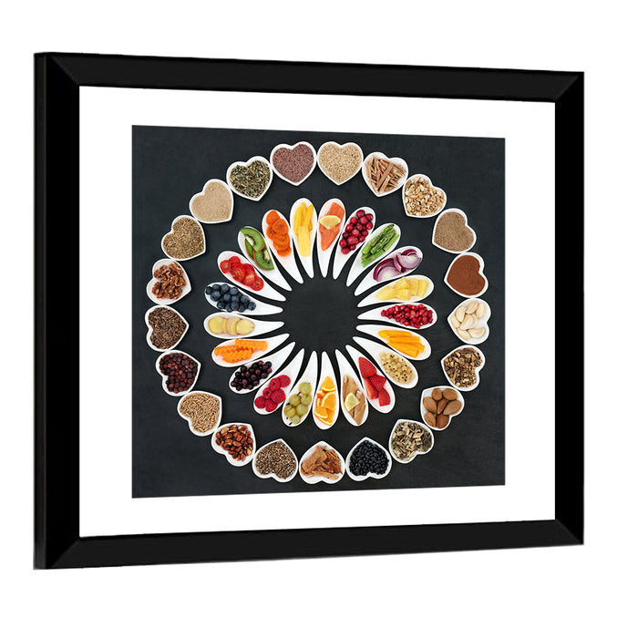 Circular Heart Bowls of Fresh Ingredients Wall Art as a framed print
