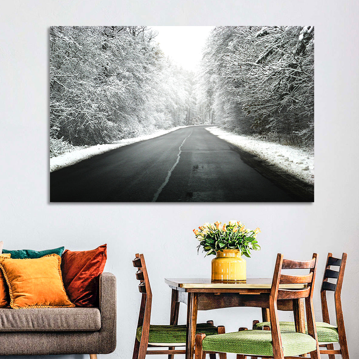 Glowing Winter Road Wall Art in a room, landscape
