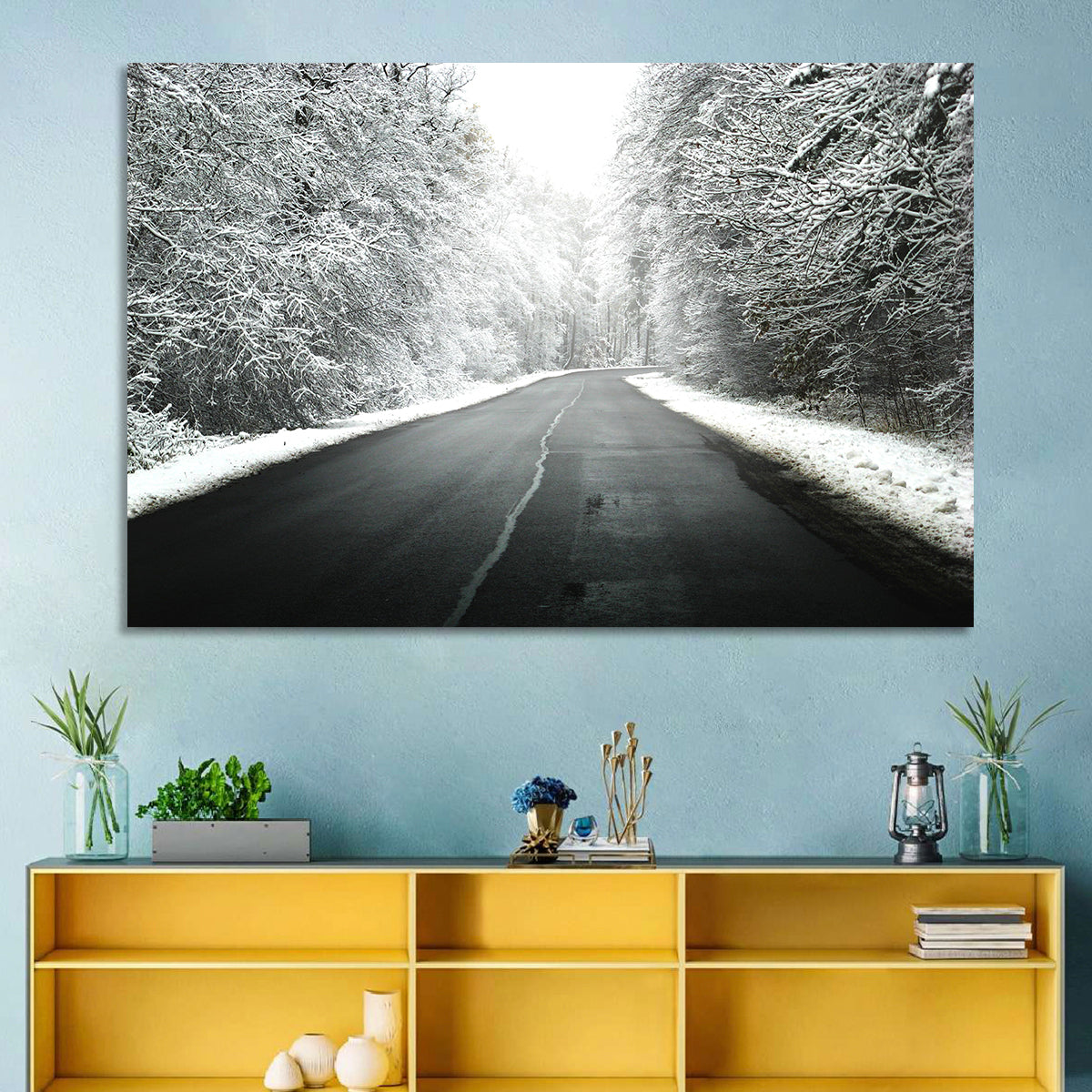 Glowing Winter Road Wall Art in a room, landscape