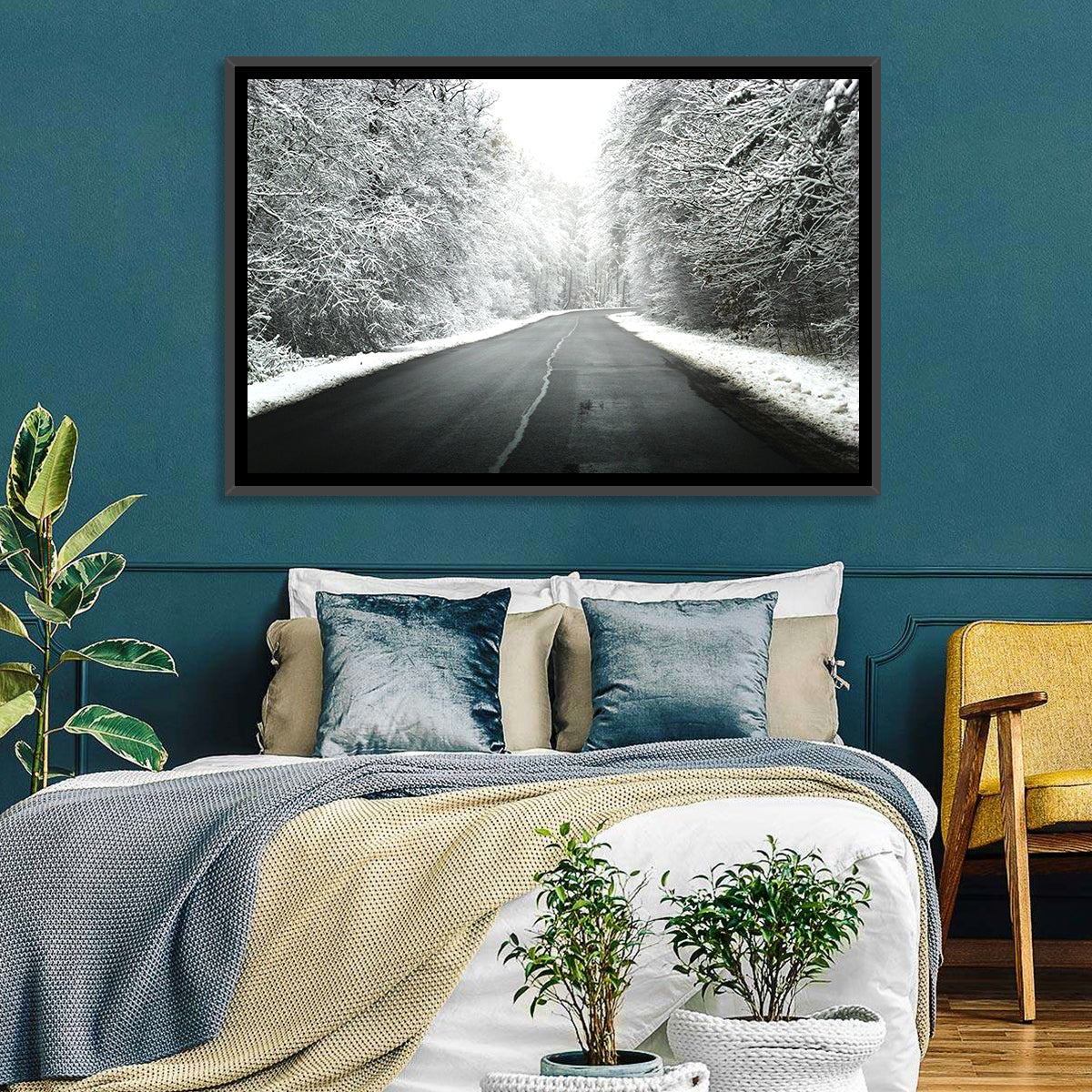 Glowing Winter Road Wall Art in a room, landscape