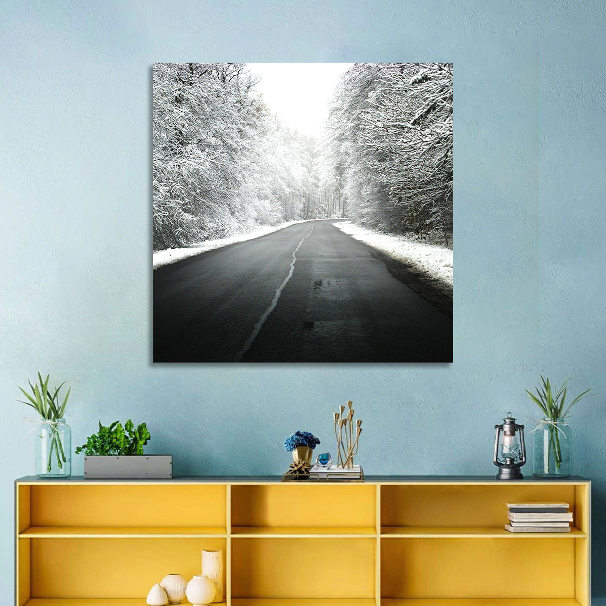 Glowing Winter Road Wall Art in a room, landscape