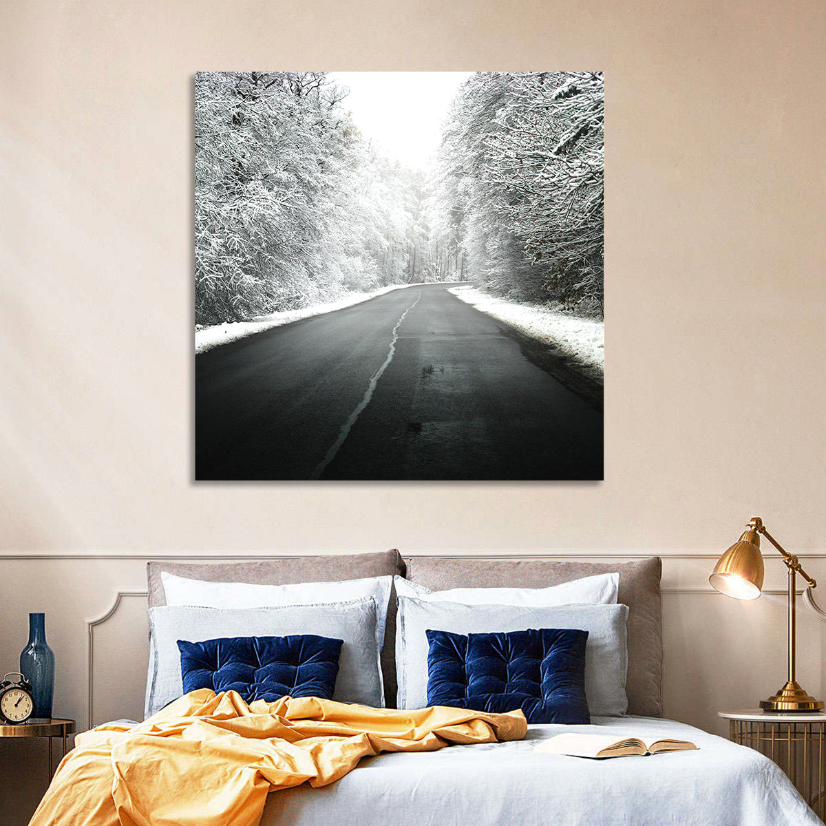 Glowing Winter Road Wall Art in a room, landscape