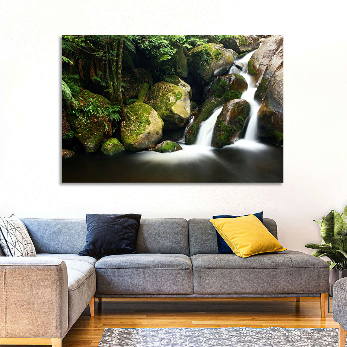 Rainforest Waterfall with Moss Covered Boulders Wall Art