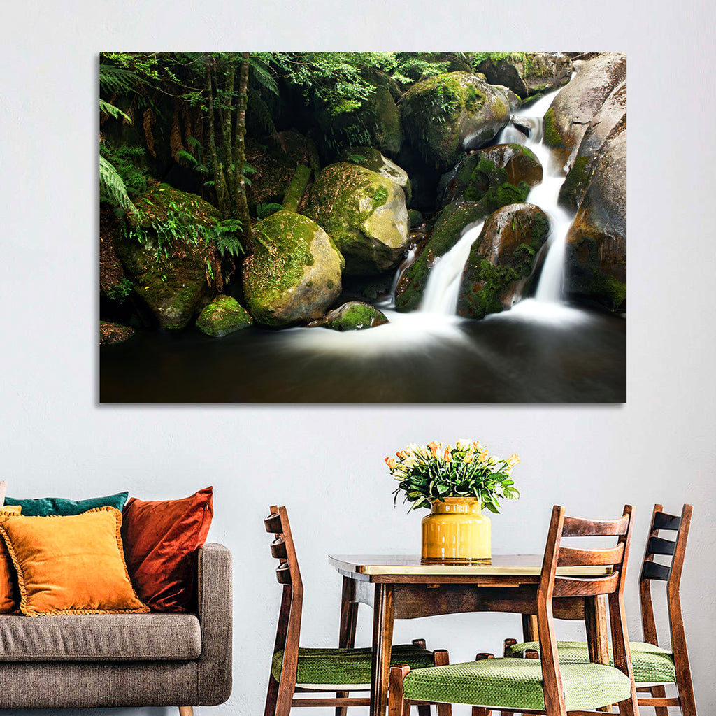 Rainforest Waterfall with Moss Covered Boulders Wall Art