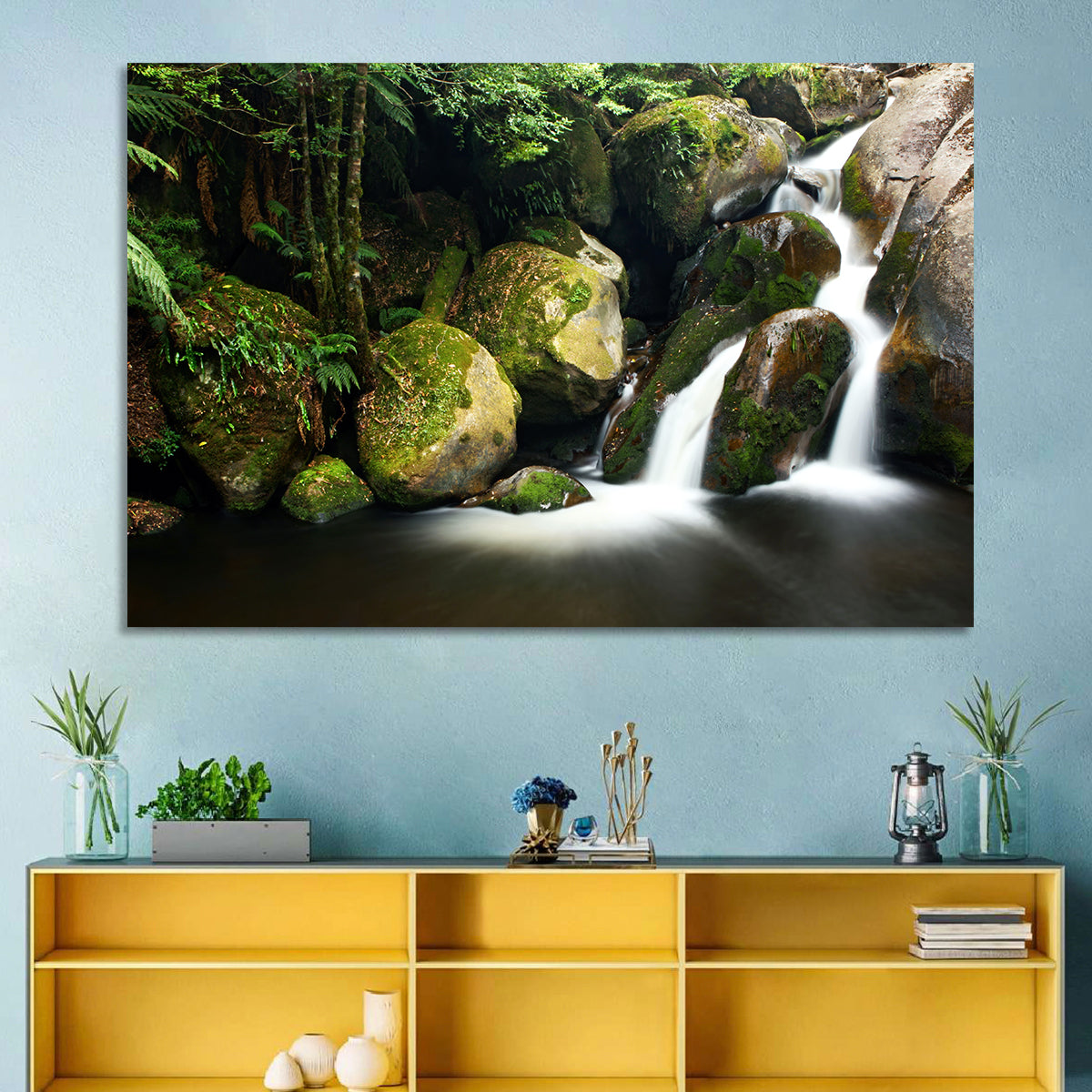 Rainforest Waterfall with Moss Covered Boulders Wall Art in a room, landscape