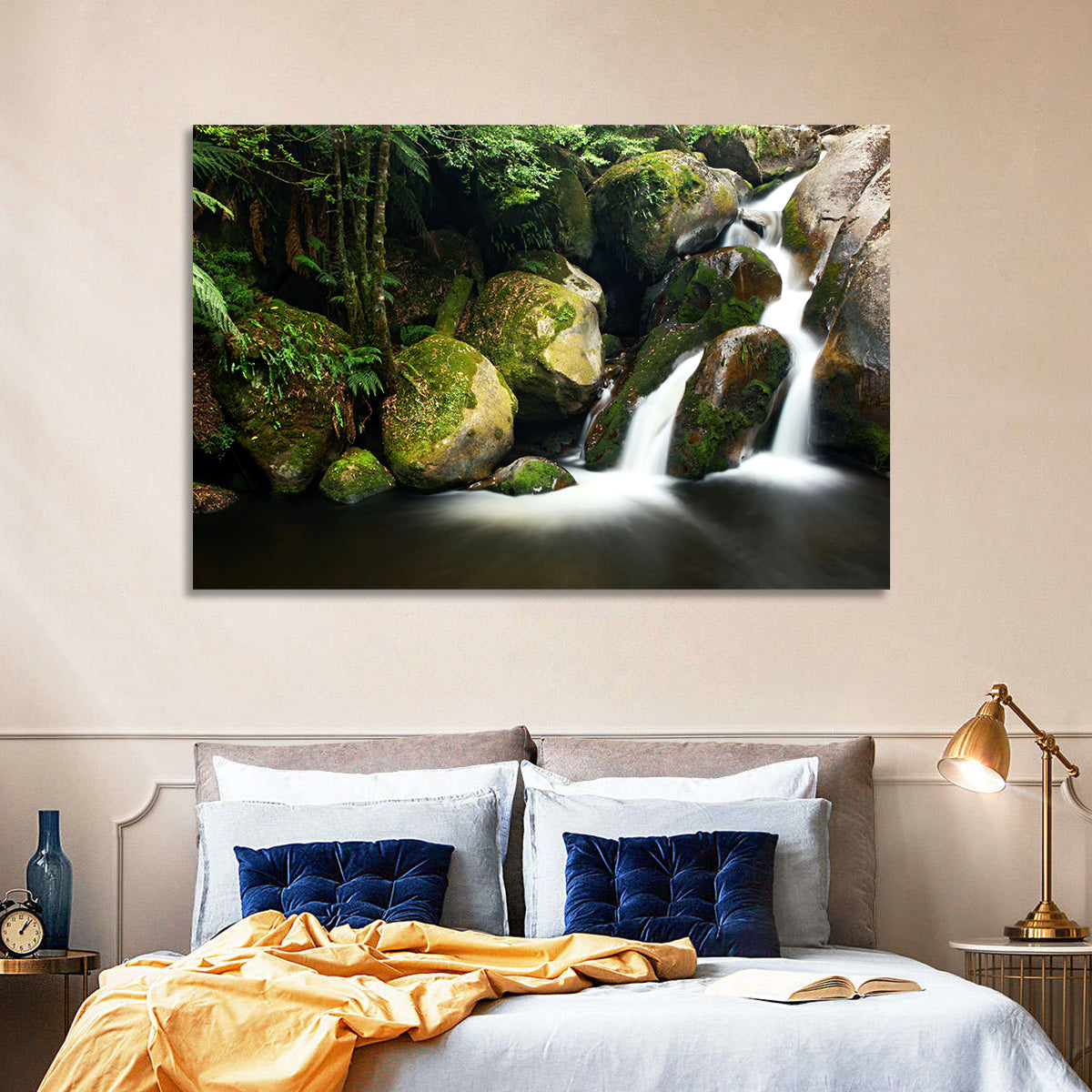 Rainforest Waterfall with Moss Covered Boulders Wall Art