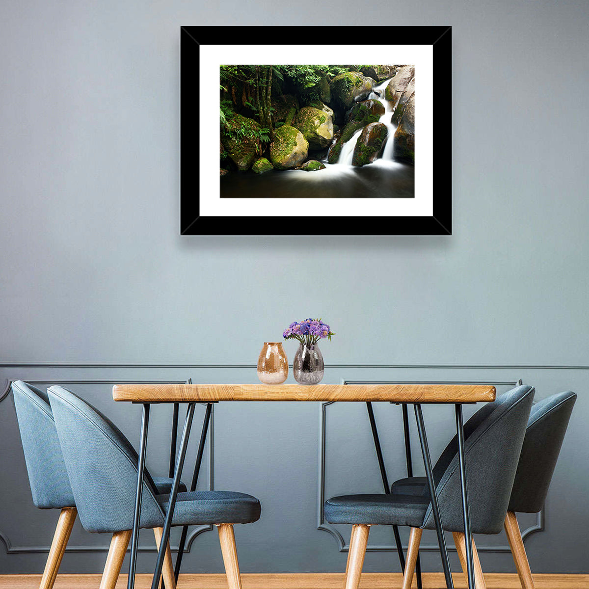Rainforest Waterfall with Moss Covered Boulders Wall Art in a room, landscape