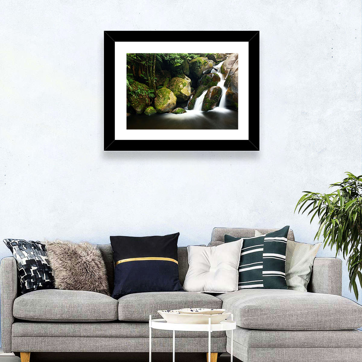 Rainforest Waterfall with Moss Covered Boulders Wall Art in a room, landscape