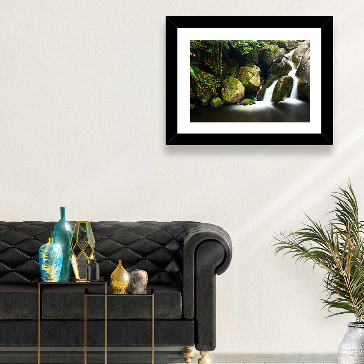 Rainforest Waterfall with Moss Covered Boulders Wall Art