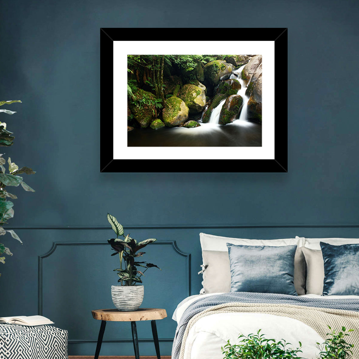Rainforest Waterfall with Moss Covered Boulders Wall Art