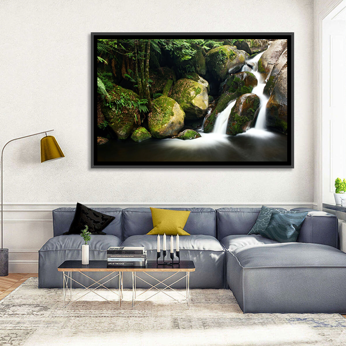 Rainforest Waterfall with Moss Covered Boulders Wall Art in a room, landscape
