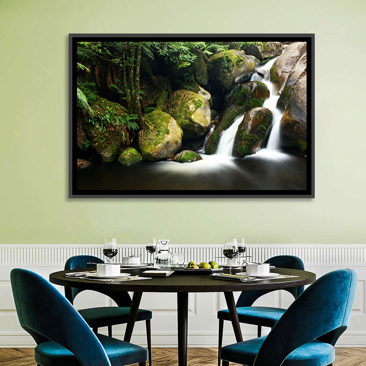 Rainforest Waterfall with Moss Covered Boulders Wall Art