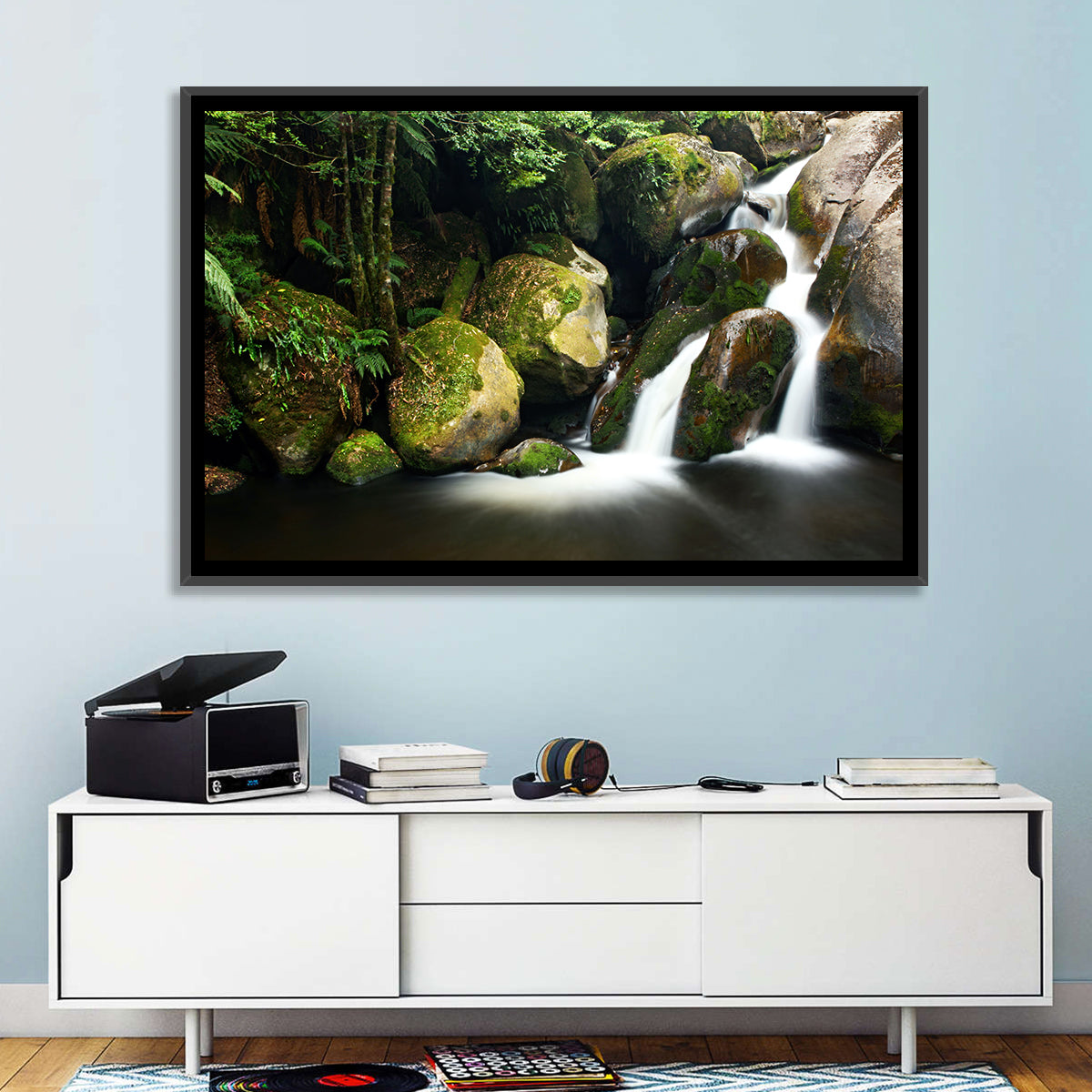 Rainforest Waterfall with Moss Covered Boulders Wall Art in a room, landscape