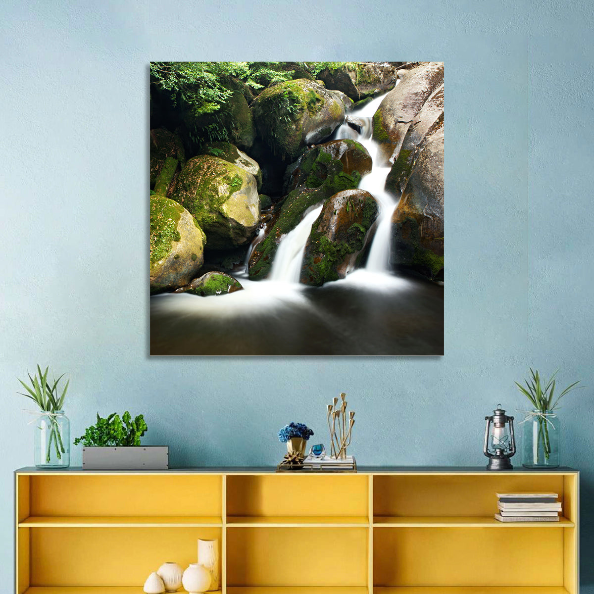 Rainforest Waterfall with Moss Covered Boulders Wall Art in a room, landscape