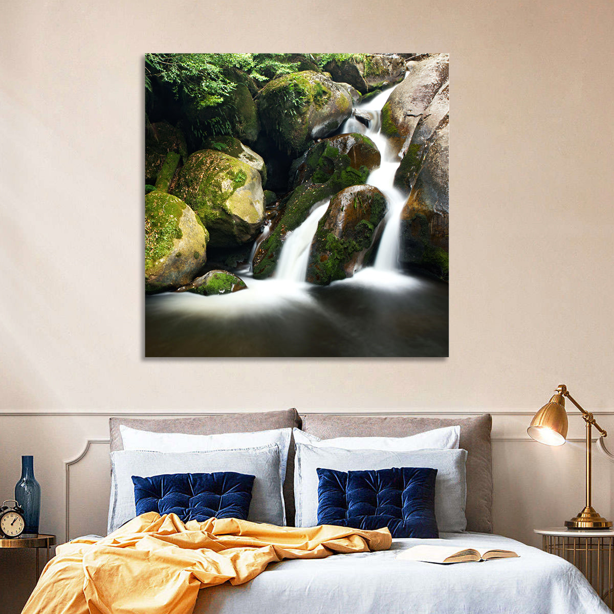 Rainforest Waterfall with Moss Covered Boulders Wall Art