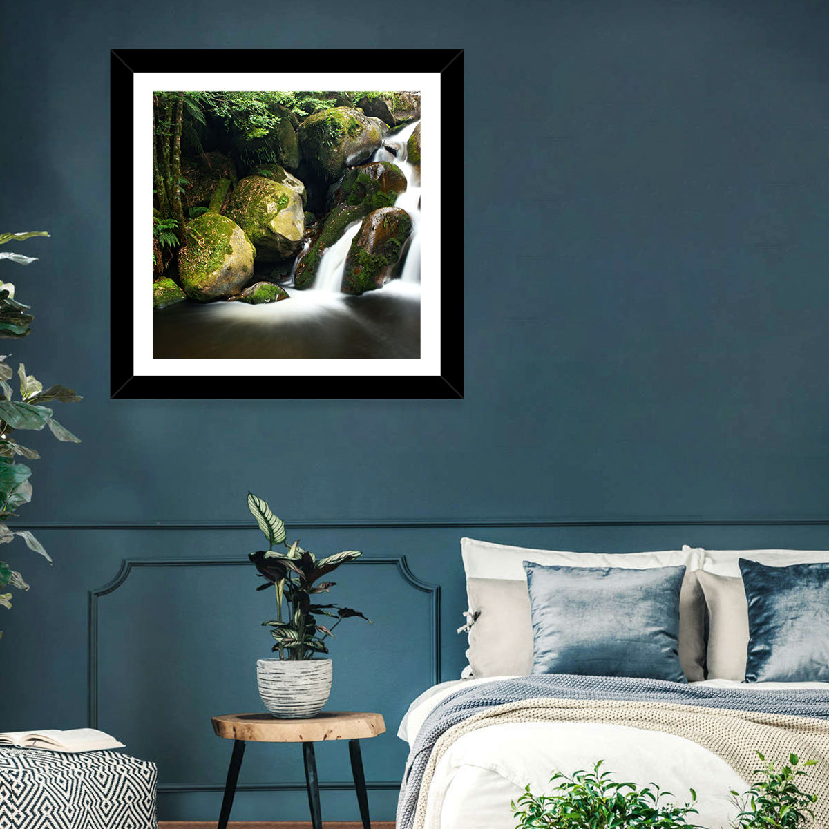 Rainforest Waterfall with Moss Covered Boulders Wall Art in a room, landscape