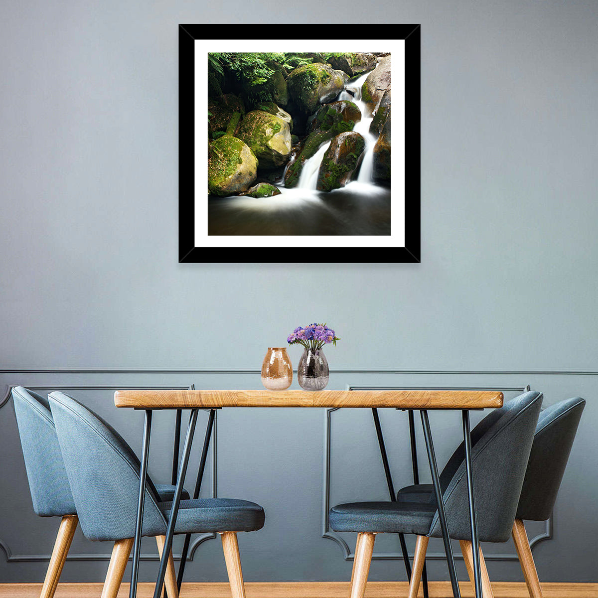 Rainforest Waterfall with Moss Covered Boulders Wall Art in a room, landscape