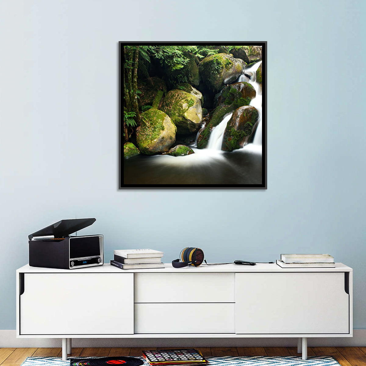 Rainforest Waterfall with Moss Covered Boulders Wall Art in a room, landscape